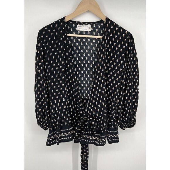 Faithfull The Brand X Anthropologie Yvette Black Floral Wrap Top Size Small - Picture 2 of 4